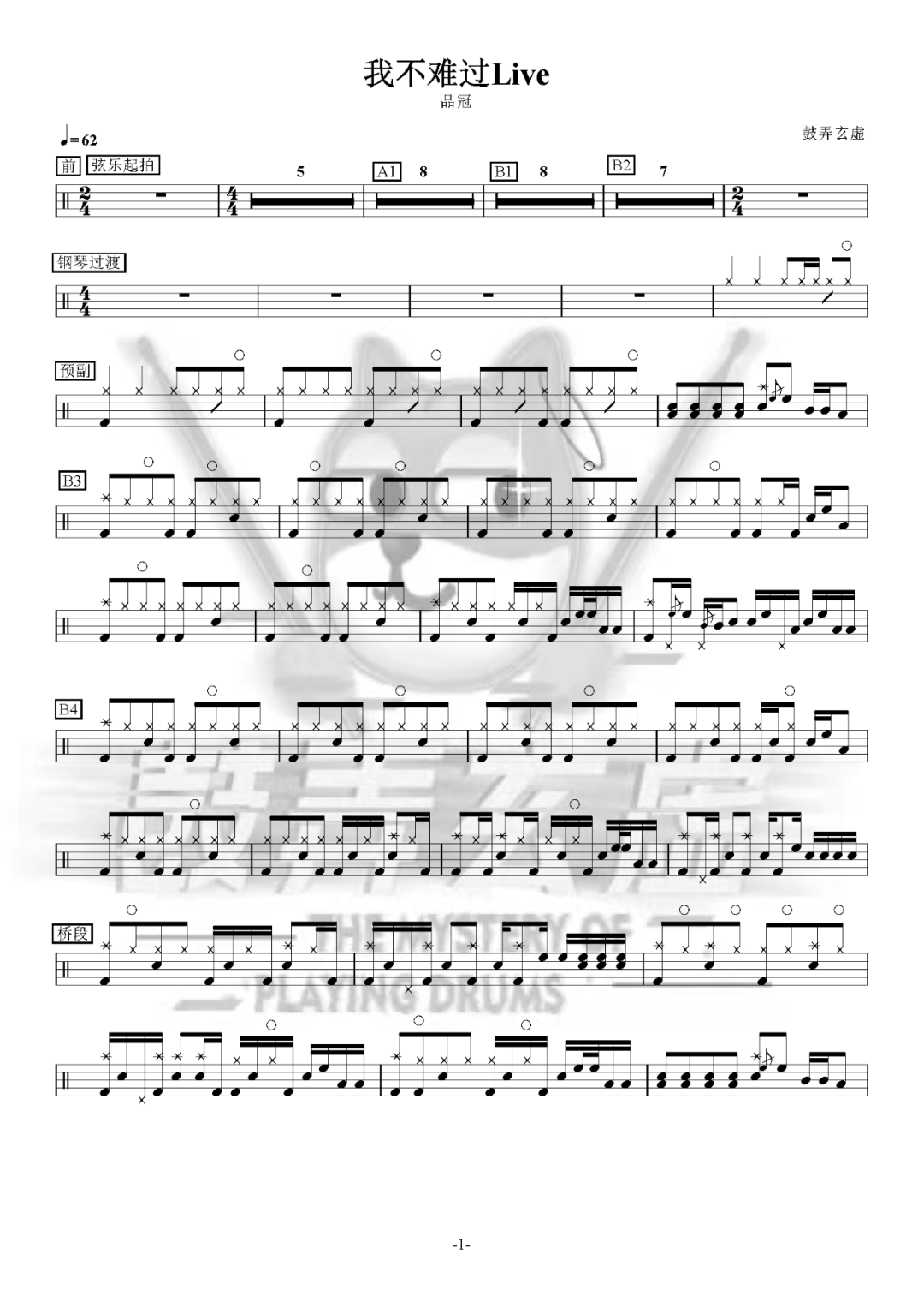 品冠《我不难过》鼓谱 - 架子鼓谱第1张