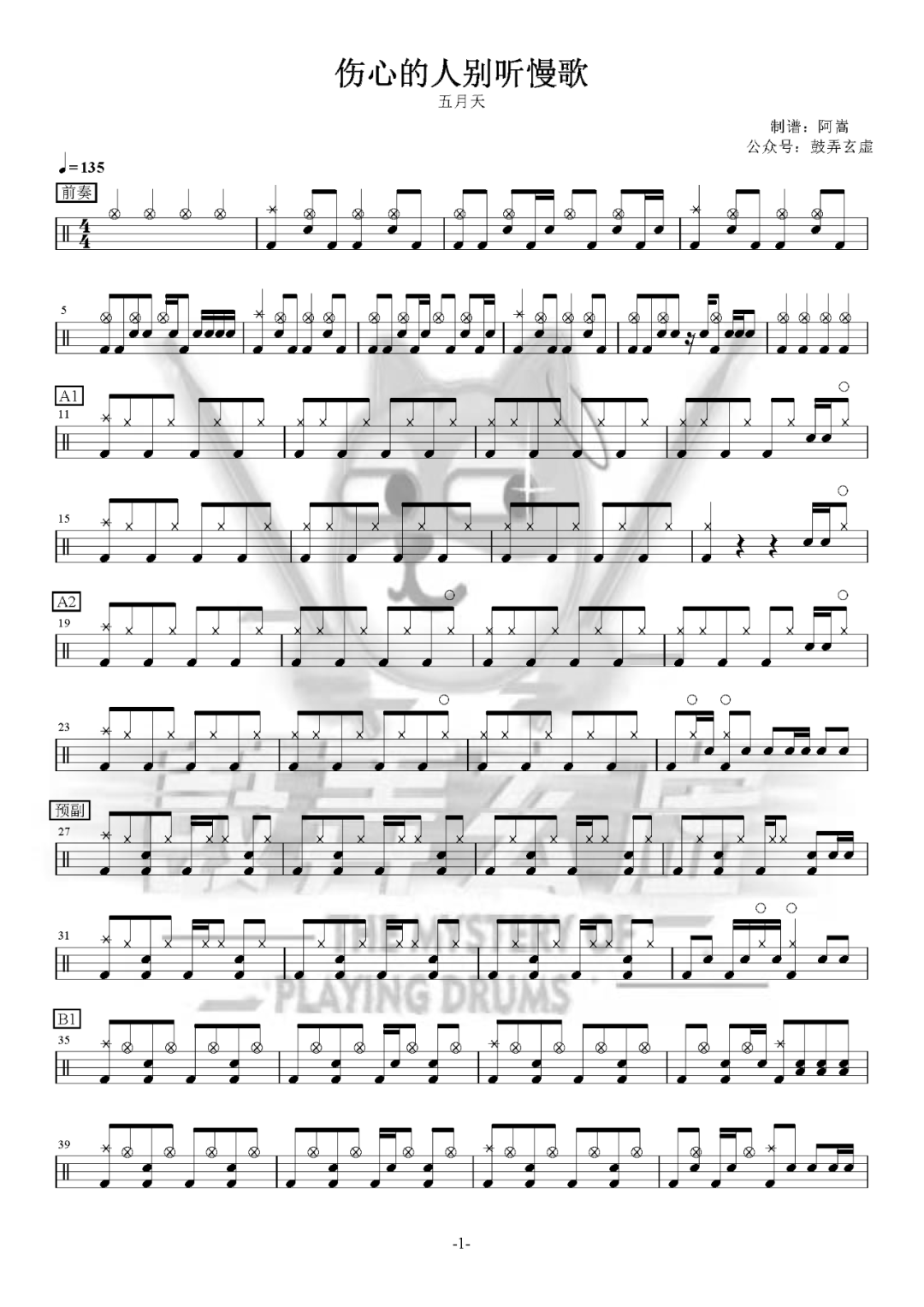 五月天《伤心的人别听慢歌》鼓谱 - 架子鼓谱第1张