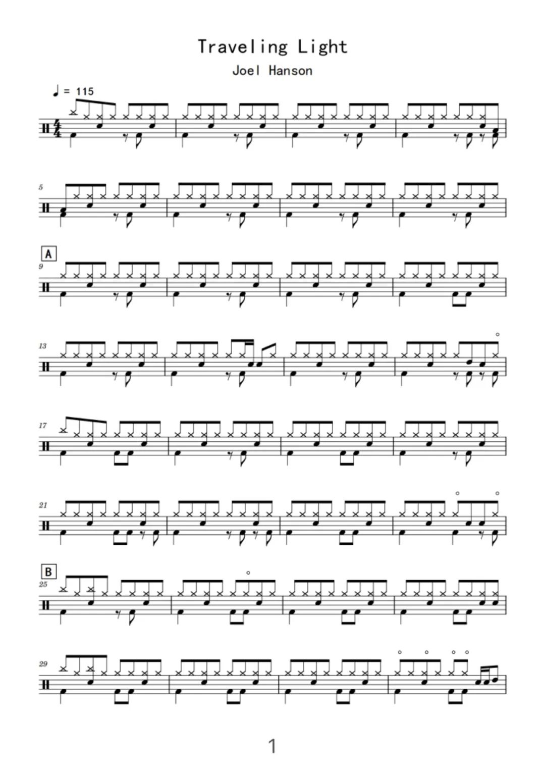 Joel Hanson《Traveling Light》鼓谱 - 架子鼓谱